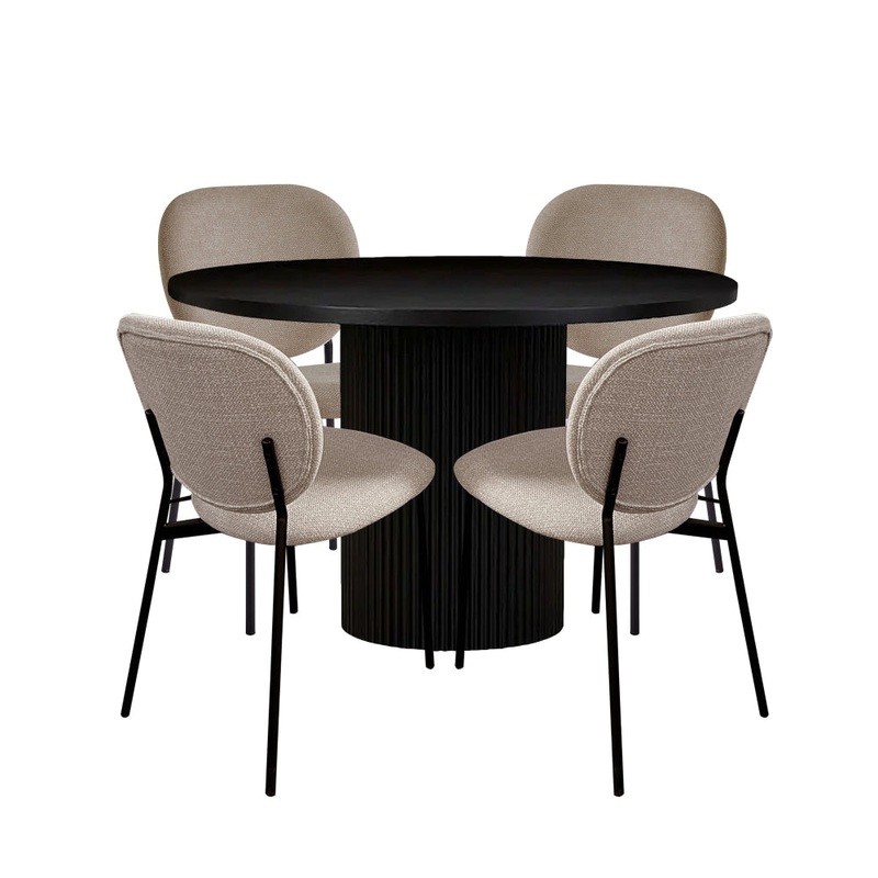 5Pc Dining Set Sona Round Dining Table 120cm Black W/ 4Pc Archie Fabric Dining Chair Lattte