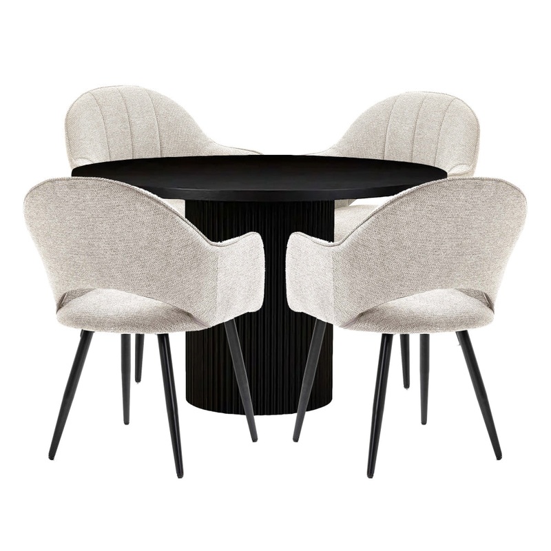5Pc Dining Set Sona Round Dining Table 120cm Black W/ 4Pc Luka Fabric Dining Chair Coconut