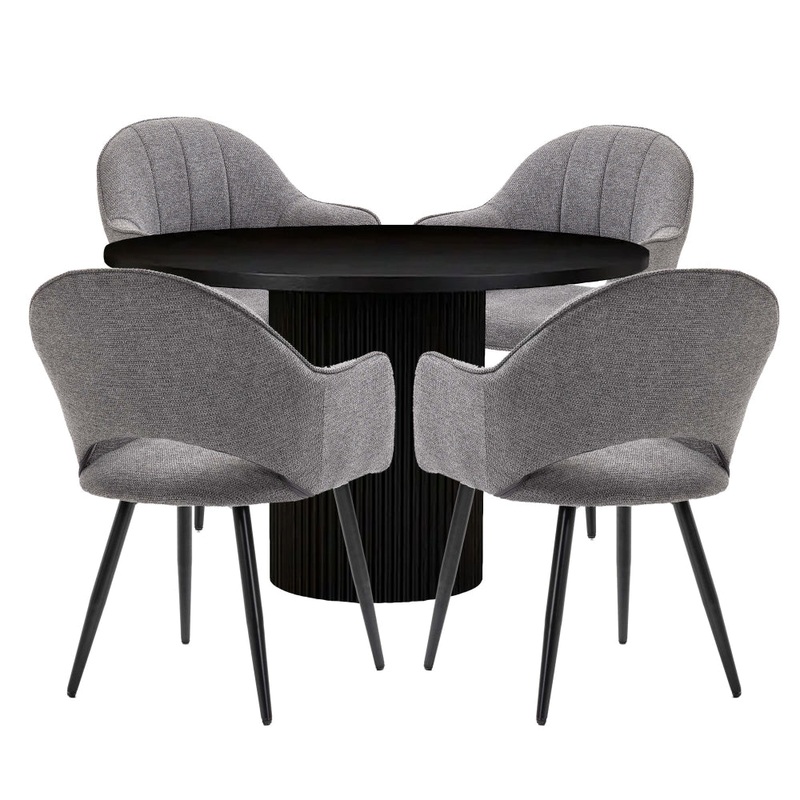 5Pc Dining Set Sona Round Dining Table 120cm Black W/ 4Pc Luka Fabric Dining Chair Grey