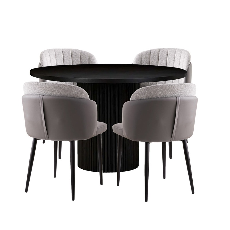 5Pc Dining Set Sona Round Dining Table 120cm Black W/ 4Pc Royale Fabric Dining Chair Grey