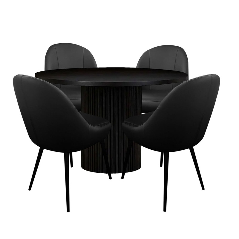 5Pc Dining Set Sona Round Dining Table 120cm Black W/ 4Pc Soon PU Leather Dining Chair Black