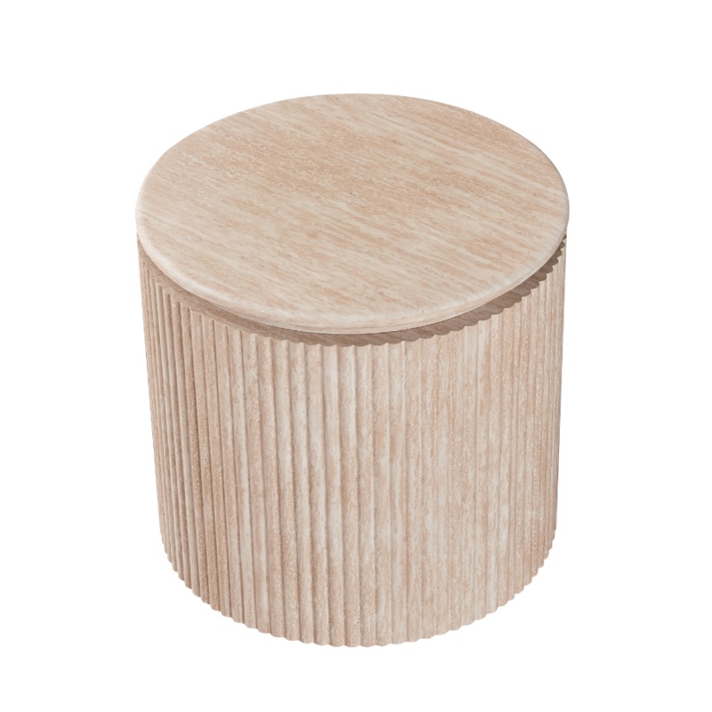 Cameo Faux MarbleWooden Frame Round Modern End Lamp Side Table Travertine