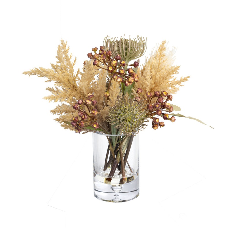Dried Look Banksia Artificial Fake Plant Flower Decorative Arrangement 38cm In Glass