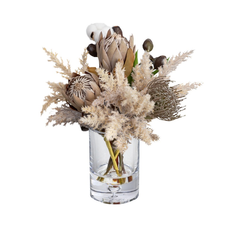 Dried Look Protea Artificial Fake Plant Flower Decorative Arrangement 36cm In Glass