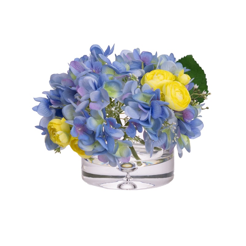 Hydrangea & Ranunculus Mixed Artificial Fake Plant Flower Decorative Arrangement 23cm In Glass