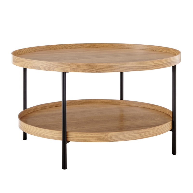 Myla Round Wooden 2-Tier Coffee Table Metal Tube Frame Oak