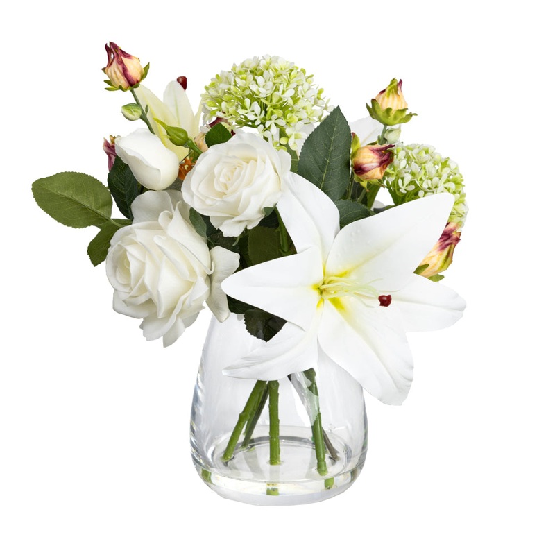 Peony & Lily Artificial Fake Plant Decorative Arrangement 28cm In Glass - Multi Color
