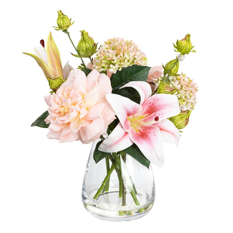 Peony & Pink Lily Artificial Fake Plant Flower Decorative Arrangement 28cm In Glass