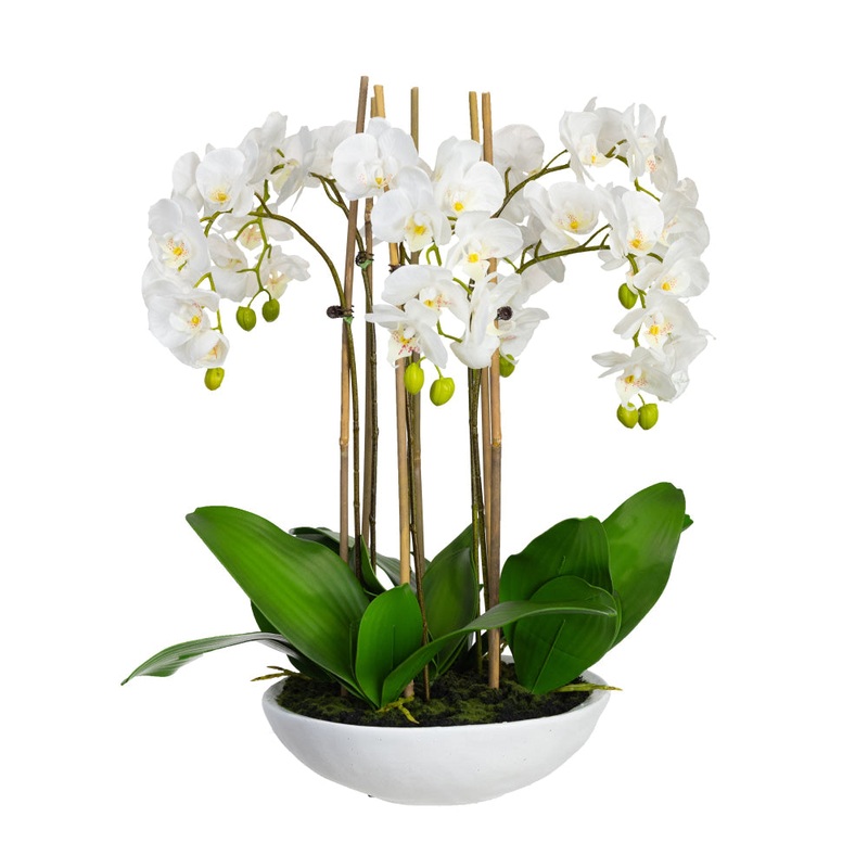 Phalaenopsis Orchid Artificial Plant Flower Decorative 65cm White Bowl - White
