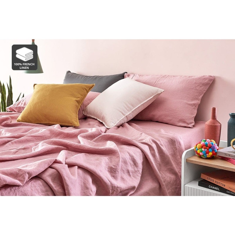 100% French Linen Bed Sheet Set - Rose, Double