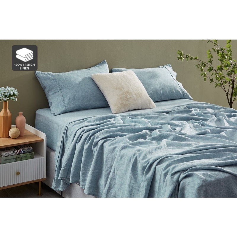 Gabriel French Linen Chambray Bed Sheet Set - Blue, Double