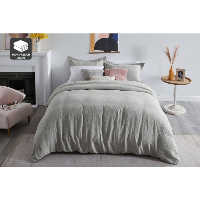 Gabriel French Linen Chambray Quilt Cover Set - Grey, Double