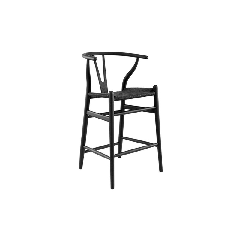 Hans Wegner Replica Wishbone Wooden Counter Kitchen Bar Stool - Oak Wood/Black