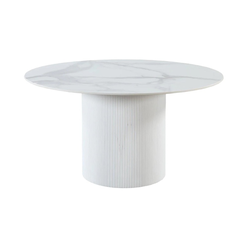 Sonata Sintered Stone Marble Look Round Kitchen Dining Table 120cm Wooden Legs White