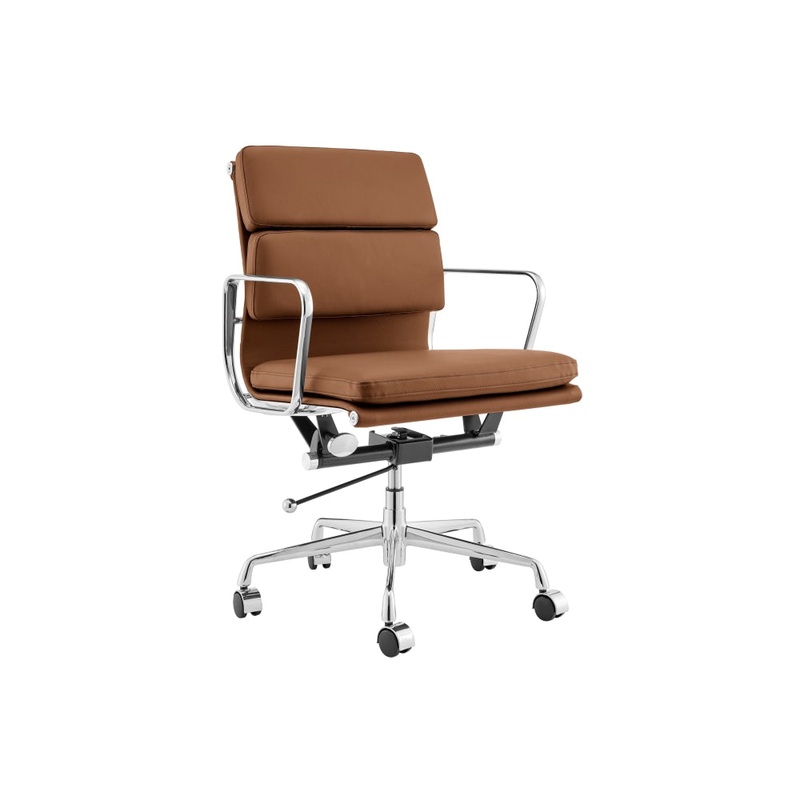 Eames Replica Standard Aluminium Padded Low Back Office Computer Work Task Chair - Tan Leather