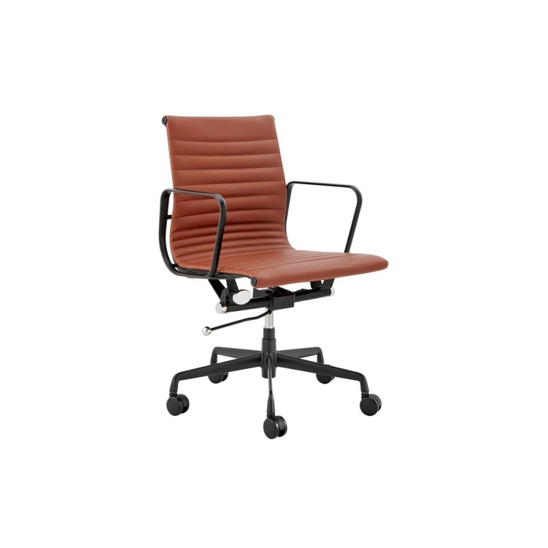 Eames Replica Standard Matte Black Aluminium Low Back Office Computer Work Task Chair - Tan Leather