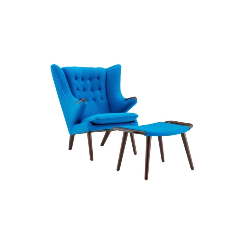 Hans Wegner Replica Fabric Papa Bear Accent Lounge Chair W/ Ottoman  - Blue
