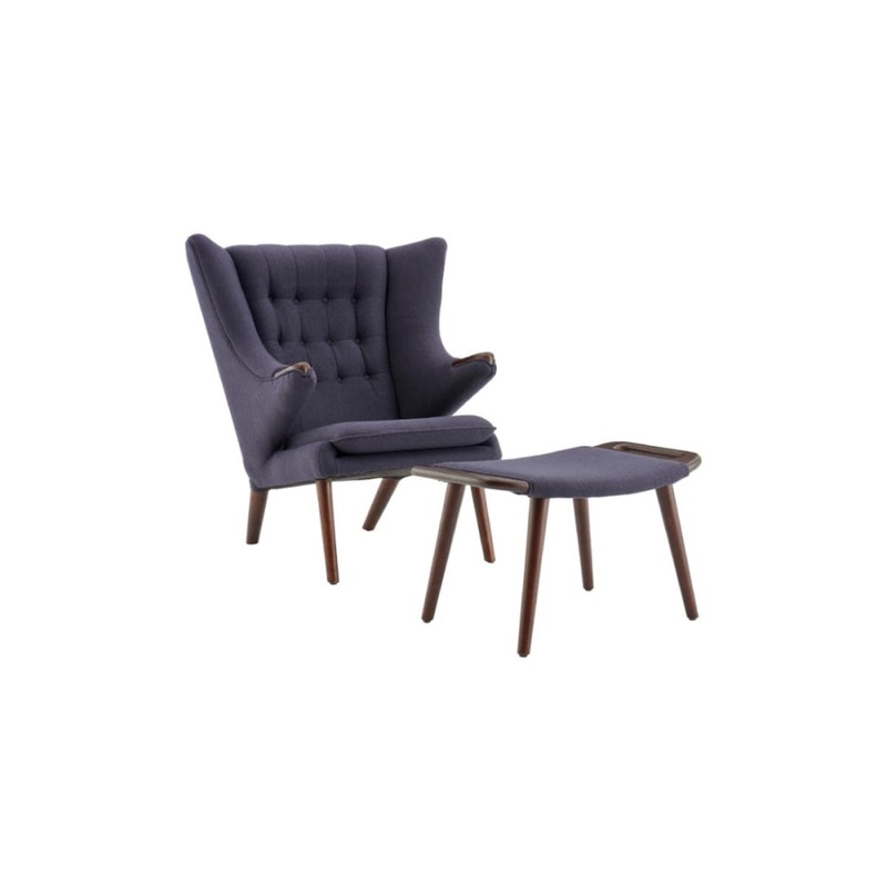Hans Wegner Replica Fabric Papa Bear Accent Lounge Chair W/ Ottoman  - Drak Grey