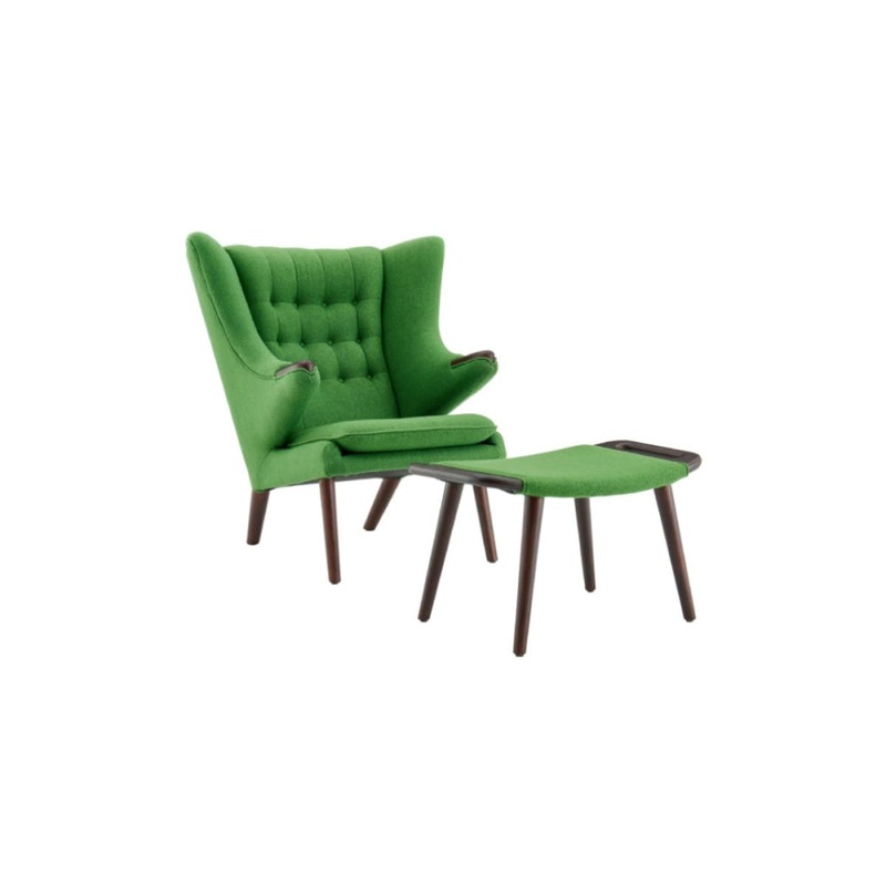 Hans Wegner Replica Fabric Papa Bear Accent Lounge Chair W/ Ottoman  - Green
