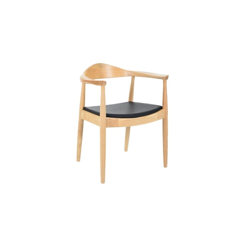 Hans Wegner Replica Round Kitchen Dining Chair Armchair - Ash/Black Leather