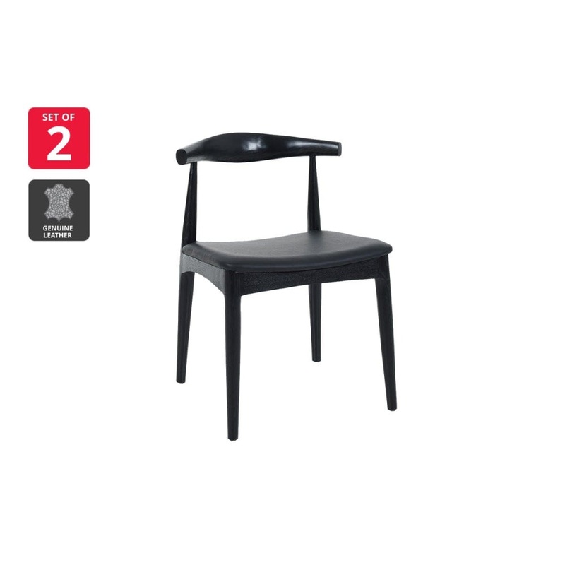 Set of 2 Hans Wegner Replica Leather Elbow Dining CH20 Kitchen Dining Chair - Black