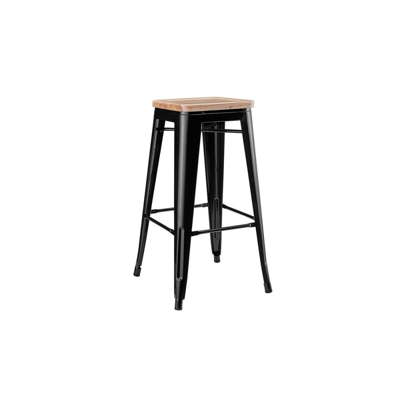 Set of 2 Xavier Pauchard Replica Tolix Kitchen Counter Bar Stools 65cm W/ Wood Seat - Black