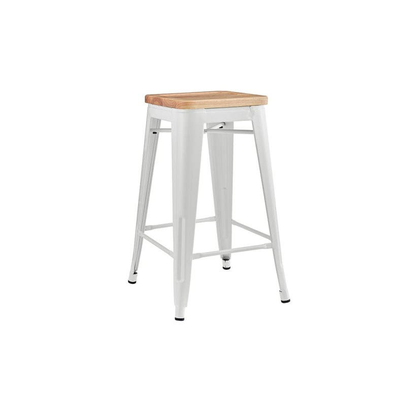 Set of 2 Xavier Pauchard Replica Tolix Kitchen Counter Bar Stools 65cm W/ Wood Seat - White