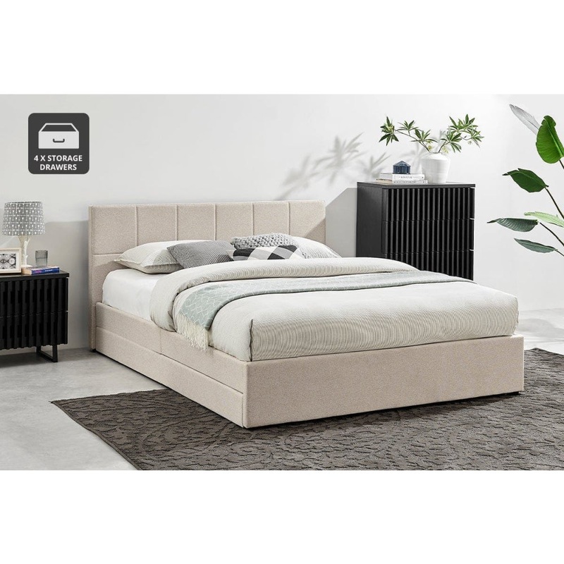 Theodore Storage Bed Frame with Drawers - Double Beige