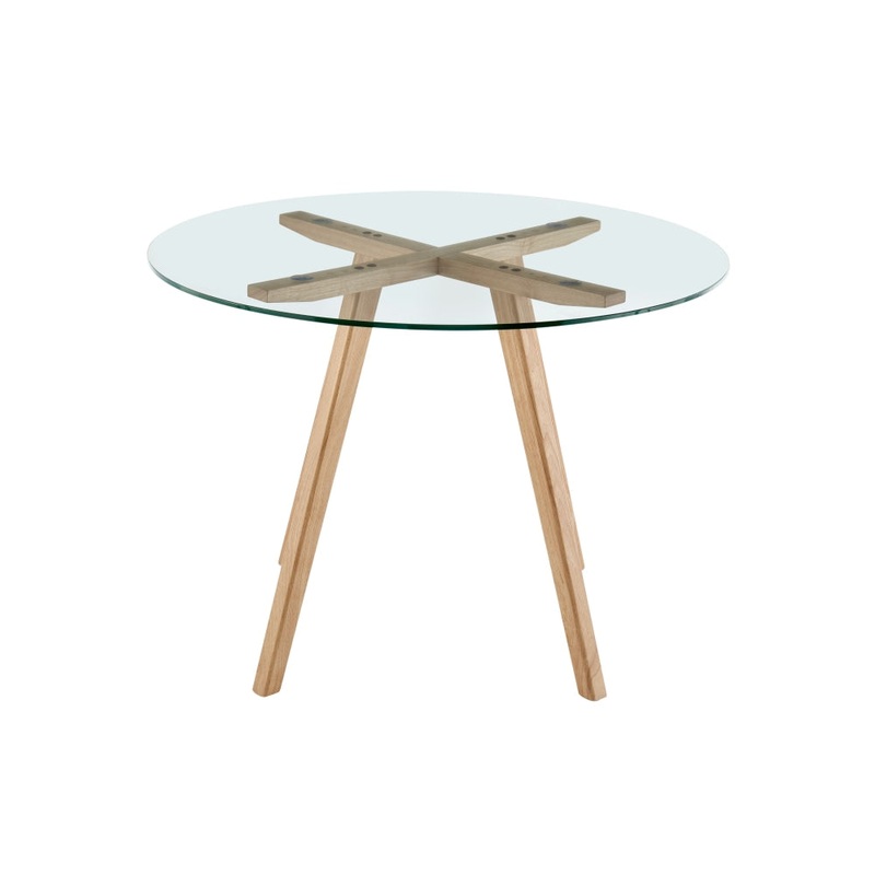 Gina Round Glass Kitchen Dining Table 106cm Wooden Legs - Natural