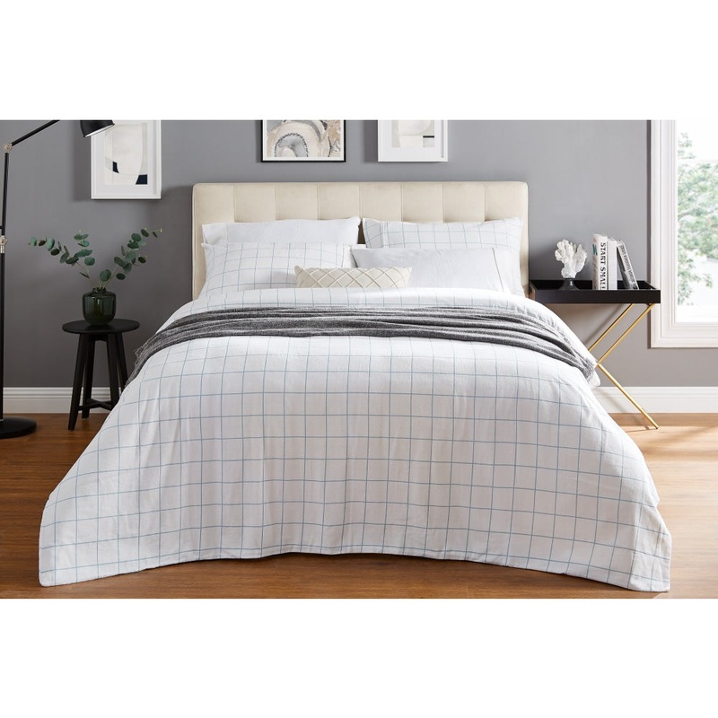 Check Cotton Flannelette Quilt Cover Set - Blue, King