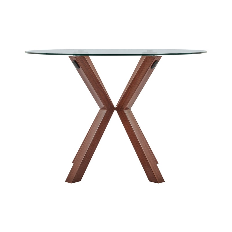 Santiago Round Glass Kitchen Dining Table 110cm W/ Wooden Legs - Walnut