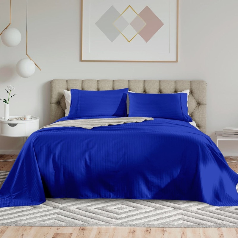 Royal Comfort Kensington 1200TC 100%  Cotton Stripe Bed Sheet Set - Double Bed, Indigo