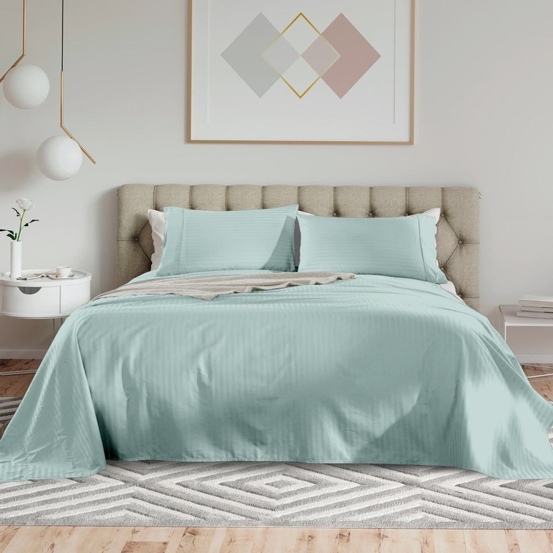 Royal Comfort Kensington 1200TC 100%  Cotton Stripe Bed Sheet Set - Queen Bed, Chambray