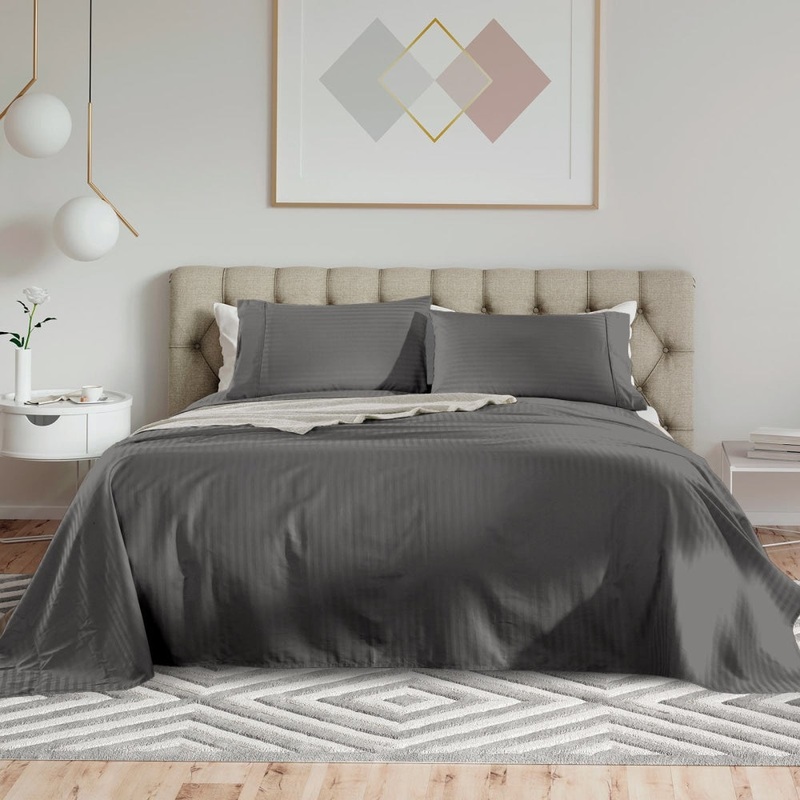 Royal Comfort Kensington 1200TC 100%  Cotton Stripe Bed Sheet Set - Queen Bed, Charcoal