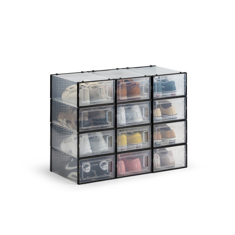 Set of 12 Click Shoe Storage Organisers Cabinet Box Large - Clear/Black