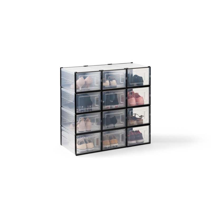 Set of 12 Click Shoe Storage Organisers Cabinet Box Medium - Clear/Black