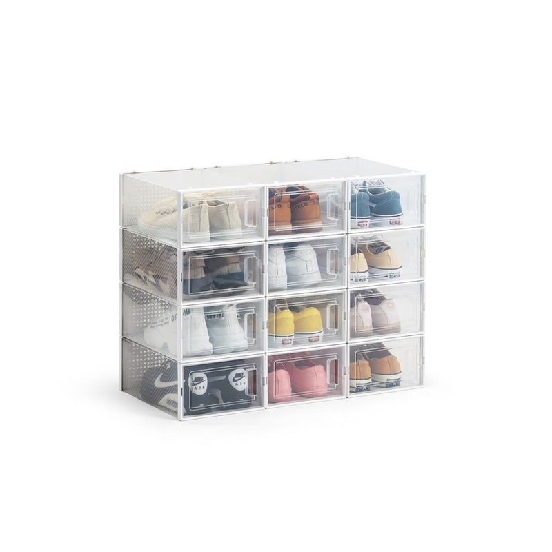 Set of 12 Click Shoe Storage Organisers Cabinet Box Small - Clear/White
