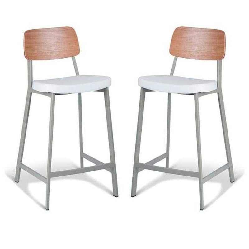 Set of 2 - Espriit Enfys Industrial Bar Stool 65cm - Light Grey Frame - Natural Oak Back - White Cushion Seat